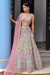 Aneesh Agarwaal_Blue Organza Embroidered Floral V Neck Bridal Lehenga Set _Online_at_Aza_Fashions