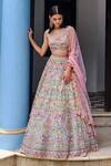 Buy_Aneesh Agarwaal_Blue Organza Embroidered Floral V Neck Bridal Lehenga Set _Online_at_Aza_Fashions