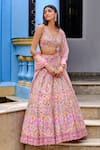 Buy_Aneesh Agarwaal_Pink Silk Organza Embroidered Floral V Neck Bridal Lehenga Set _at_Aza_Fashions