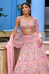 Buy_Aneesh Agarwaal_Pink Silk Organza Embroidered Floral V Neck Bridal Lehenga Set _Online_at_Aza_Fashions