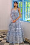 Buy_Aneesh Agarwaal_Blue Net Mirror, Thread, Foil Jacket V Neck Floral Embroidered Lehenga Set _at_Aza_Fashions