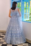Shop_Aneesh Agarwaal_Blue Net Mirror, Thread, Foil Jacket V Neck Floral Embroidered Lehenga Set _at_Aza_Fashions