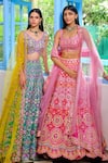 Aneesh Agarwaal_Fuchsia Dupion Silk Embroidered Floral Scoop Neck Bridal Lehenga Set _Online_at_Aza_Fashions