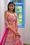 Aneesh Agarwaal_Fuchsia Dupion Silk Embroidered Floral Scoop Neck Bridal Lehenga Set _at_Aza_Fashions