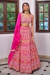 Buy_Aneesh Agarwaal_Pink Silk Embroidered Floral V Neck Bridal Lehenga Set _at_Aza_Fashions