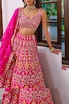 Shop_Aneesh Agarwaal_Pink Silk Embroidered Floral V Neck Bridal Lehenga Set _Online_at_Aza_Fashions