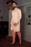 YAJY by Aditya Jain_Peach Kurta Silk Osha And Pant Set _Online_at_Aza_Fashions