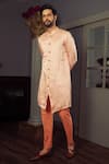 Buy_YAJY by Aditya Jain_Peach Kurta Silk Osha And Pant Set _Online_at_Aza_Fashions