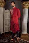 Yajy By Aditya Jain_Red Churidar Stretch Cotton, Kurta And Bundi Silk Thread Kara & Set _Online_at_Aza_Fashions