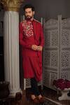 Shop_Yajy By Aditya Jain_Red Churidar Stretch Cotton, Kurta And Bundi Silk Thread Kara & Set _Online_at_Aza_Fashions