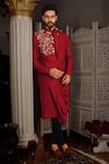 Yajy By Aditya Jain_Red Churidar Stretch Cotton, Kurta And Bundi Silk Thread Kara & Set _at_Aza_Fashions