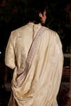 Shop_Yajy By Aditya Jain_Off White Churidar Stretch Cotton, Kurta And Dupatta Silk, Lava Embroidered Set _at_Aza_Fashions