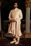 Yajy By Aditya Jain_Off White Churidar Stretch Cotton, Kurta And Dupatta Silk, Lava Embroidered Set _Online_at_Aza_Fashions