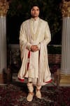 Buy_Yajy By Aditya Jain_Off White Churidar Stretch Cotton, Kurta And Dupatta Silk, Lava Embroidered Set _Online_at_Aza_Fashions