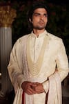 Shop_Yajy By Aditya Jain_Off White Churidar Stretch Cotton, Kurta And Dupatta Silk, Lava Embroidered Set _Online_at_Aza_Fashions