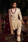 Buy_YAJY by Aditya Jain_Ivory Sherwani Raw Silk Embroidery Geometric Satya Set _Online_at_Aza_Fashions