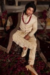 Shop_YAJY by Aditya Jain_Ivory Sherwani Raw Silk Embroidery Geometric Satya Set _Online_at_Aza_Fashions