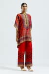 Rajdeep Ranawat_Red Silk Printed Geometric Band Manju Draped Poncho Tunic And Pant Set  _Online_at_Aza_Fashions