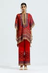 Buy_Rajdeep Ranawat_Red Silk Printed Geometric Band Manju Draped Poncho Tunic And Pant Set  _Online_at_Aza_Fashions