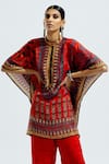 Shop_Rajdeep Ranawat_Red Silk Printed Geometric Band Manju Draped Poncho Tunic And Pant Set  _Online_at_Aza_Fashions