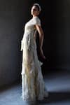 Geisha Designs_Off White Nylon And Viscose Embroidery Dori V Neck Annalise Ruffle Gown  _Online_at_Aza_Fashions