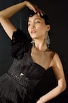 Geisha Designs_Black Nylon Embroidery Dori Round Sacha Ruffle Gown  _Online_at_Aza_Fashions