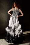 Buy_Geisha Designs_White Polyester And Viscose Leaf Motifs Round Jeanne Ruffle Gown _at_Aza_Fashions