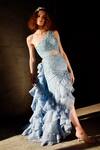 Buy_Geisha Designs_Blue Nylon Embroidery Beads One Shoulder Oceane Gown  _at_Aza_Fashions