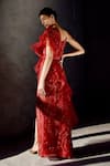 Geisha Designs_Red Polyester, Viscose And Nylon Sequin & Beads V Neck Regine Saree Gown _Online_at_Aza_Fashions
