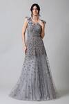 Buy_Geisha Designs_Silver Nylon And Viscose Embroidery Sequin & Pearls V Neck Aurora Gown  _at_Aza_Fashions