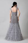 Shop_Geisha Designs_Silver Nylon And Viscose Embroidery Sequin & Pearls V Neck Aurora Gown  _at_Aza_Fashions