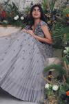 Geisha Designs_Silver Nylon And Viscose Embroidery Sequin & Pearls V Neck Aurora Gown  _Online_at_Aza_Fashions