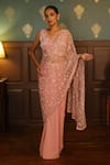 Buy_RADHA SHARMA_Pink Georgette Embroidery Pearl Scallop V Pre-draped Saree With Blouse  _at_Aza_Fashions