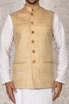 Shop_Khwaab by Sanjana Lakhani_Beige Suiting Plain Button Down Bundi_Online_at_Aza_Fashions