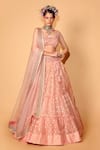 Buy_Neha Khullar_Peach Banarasi Organza Woven Floral Motifs Square Neck Tiered Lehenga Set _at_Aza_Fashions