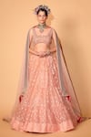 Shop_Neha Khullar_Peach Banarasi Organza Woven Floral Motifs Square Neck Tiered Lehenga Set _at_Aza_Fashions