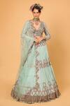 Buy_Neha Khullar_Sky Blue Tulle Embroidered Mirror Work Plunge V Neck Lehenga Set _at_Aza_Fashions