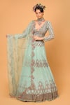 Neha Khullar_Sky Blue Tulle Embroidered Mirror Work Plunge V Neck Lehenga Set _Online_at_Aza_Fashions