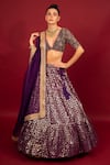 Shop_Neha Khullar_Purple Banarasi Chanderi Woven Geometric Motifs Plunge V Neck Tiered Lehenga Set _Online_at_Aza_Fashions