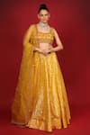 Buy_Neha Khullar_Yellow Banarasi Chanderi Woven Geometric And Floral Motifs Square Neck Lehenga Set _at_Aza_Fashions