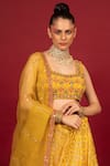 Buy_Neha Khullar_Yellow Banarasi Chanderi Woven Geometric And Floral Motifs Square Neck Lehenga Set _Online_at_Aza_Fashions