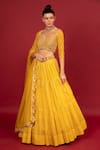 Shop_Neha Khullar_Yellow Banarasi Chanderi Woven Mirror Sweetheart Neck Tiered Lehenga Set _Online_at_Aza_Fashions