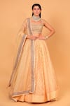 Buy_Neha Khullar_Peach Banarasi Organza Woven Floral Motifs Square Neck Lehenga Set _at_Aza_Fashions