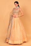 Neha Khullar_Peach Banarasi Organza Woven Floral Motifs Square Neck Lehenga Set _Online_at_Aza_Fashions