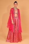 Shop_Neha Khullar_Fuchsia Banarasi Chanderi Woven Geometric Motifs Plunge V Sharara Set With Cape _Online_at_Aza_Fashions