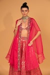 Neha Khullar_Fuchsia Banarasi Chanderi Woven Geometric Motifs Plunge V Sharara Set With Cape _at_Aza_Fashions