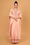 Buy_Neha Khullar_Peach Chanderi Silk Embroidered Mirror Round Kaftan Kurta And Palazzo Set _at_Aza_Fashions