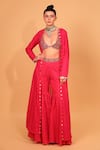 Buy_Neha Khullar_Fuchsia Chanderi Silk Embroidered Mirror Plunge V Neck Sharara Set With Cape_Online_at_Aza_Fashions