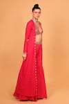 Shop_Neha Khullar_Fuchsia Chanderi Silk Embroidered Mirror Plunge V Neck Sharara Set With Cape_Online_at_Aza_Fashions