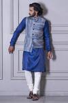 Shop_Agape_Blue Silk Stripe Pattern Bundi And Kurta Set_at_Aza_Fashions